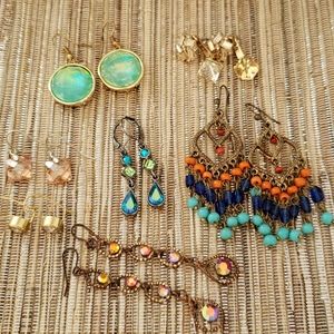 Set of 7 pair of green / amber tone earrings